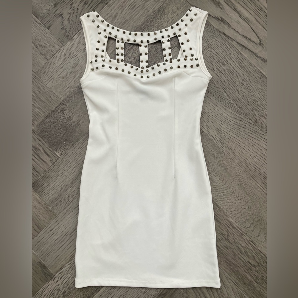 White Mini Dress with Studded Cut Out Chest